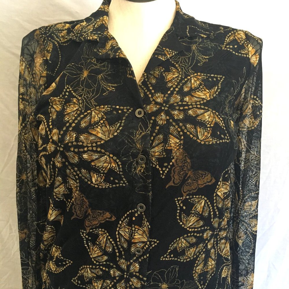 Jane and Delancey Button Up Lined Blouse with Sheer Gold Butterfly Overlay Small